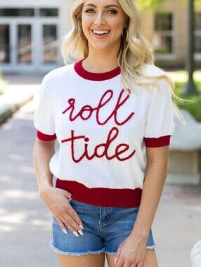 Queen of Sparkles Roll Tide Alabama Red White Knit Top, M